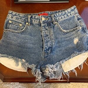 High-Rise Distressed Denim Shorts - Blue size medium. Waist 28 inches.